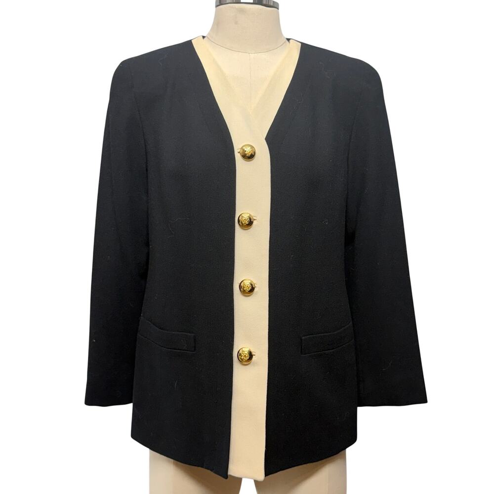Vintage Lilli Ann Jacket Large Womens Black Colorblock Gold Button Made in USA